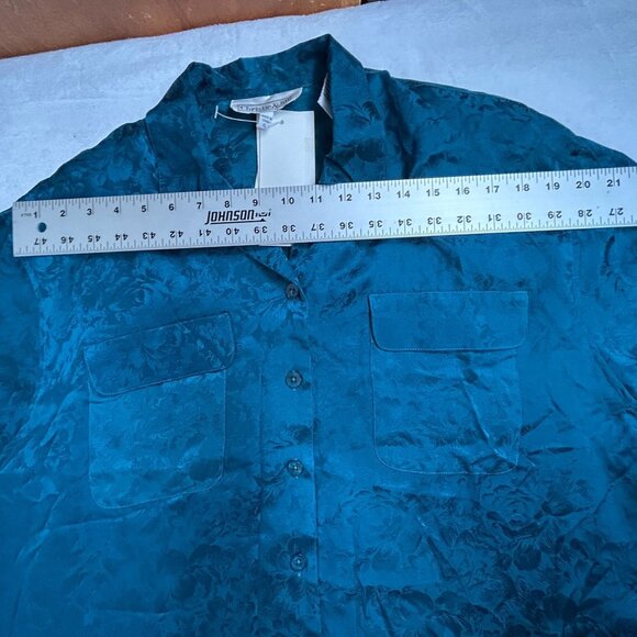 Christie & Jill Womens X-Large XL Teal Floral Jacquard Silk Button-Up Shirt New - Picture 5 of 7